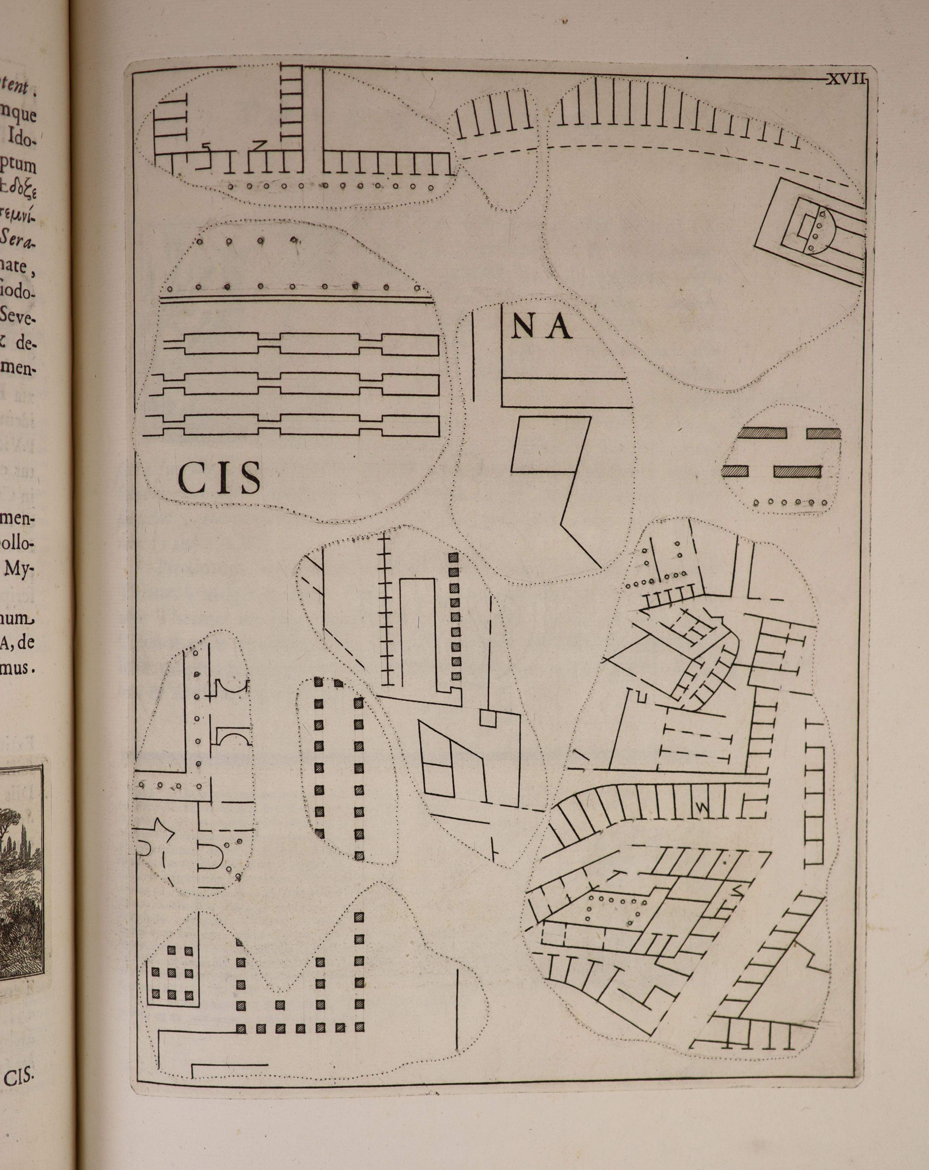 Bellori, Giovanni Pietro. Ichnographia Veteris Romae ... pictorial engraved title within decorated border, 26 plates, text illus., vignette decorations & historiated initials; recently